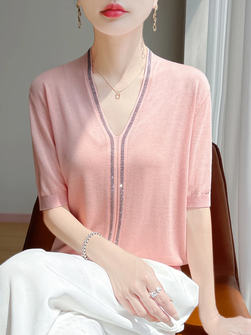2025夏季新款女装v领短袖烫钻女宽松套头打底衫