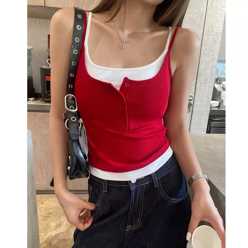 美式撞色假两件吊带背心女纯欲纽扣带胸垫一体杯修身瑜伽美背上衣