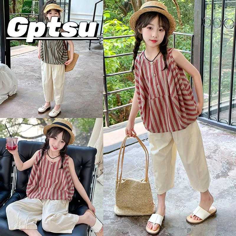 GPTSu女童套装条纹背心七分裤两件套中大童夏季洋气韩版女孩潮流