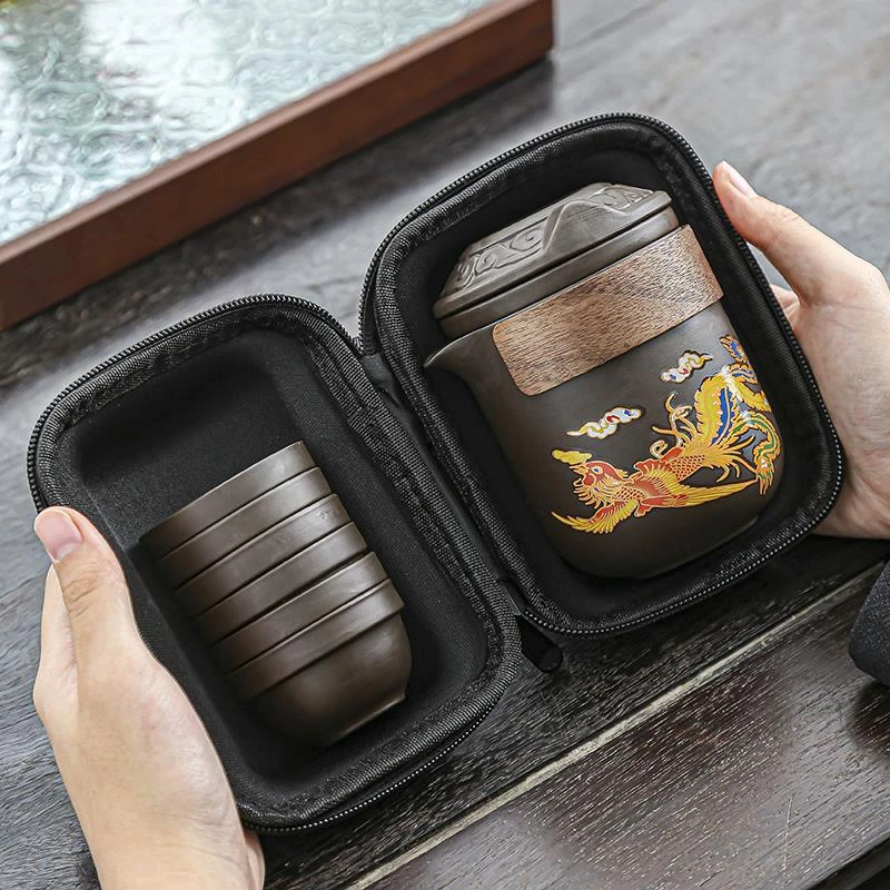 紫砂旅行功夫茶具套装便携式变色龙凤呈祥露营随身快客六杯可定制