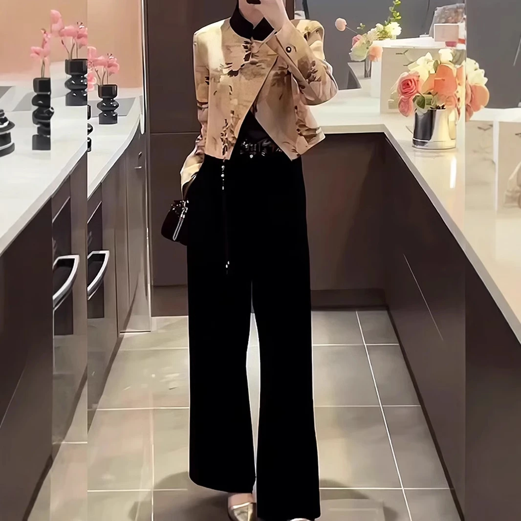 周粥黑金秋冬新款新中式国风复古禅意套装阔腿裤设计感印花两件套