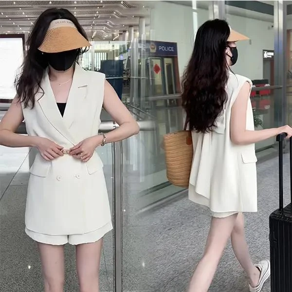 显瘦百搭气质洋气时尚休闲收腰网红宽松夏季套装两件套女遮肉西装