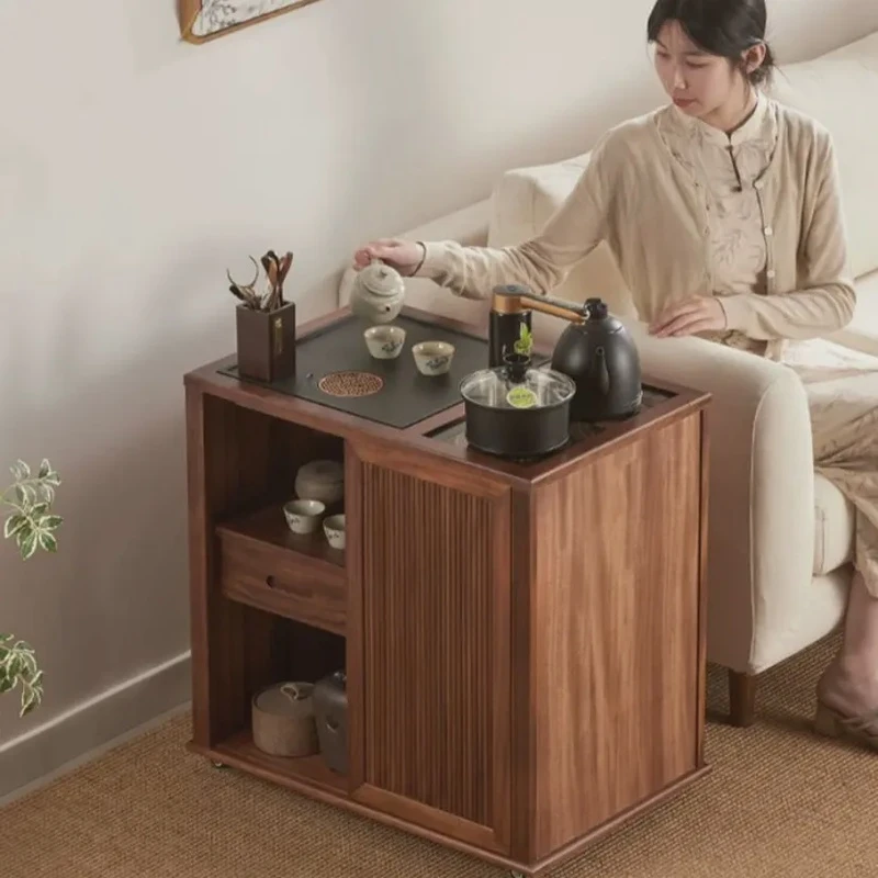 【胡桃木石面茶边柜】烧水壶一体家用茶几带轮移动泡茶台茶室煮茶柜