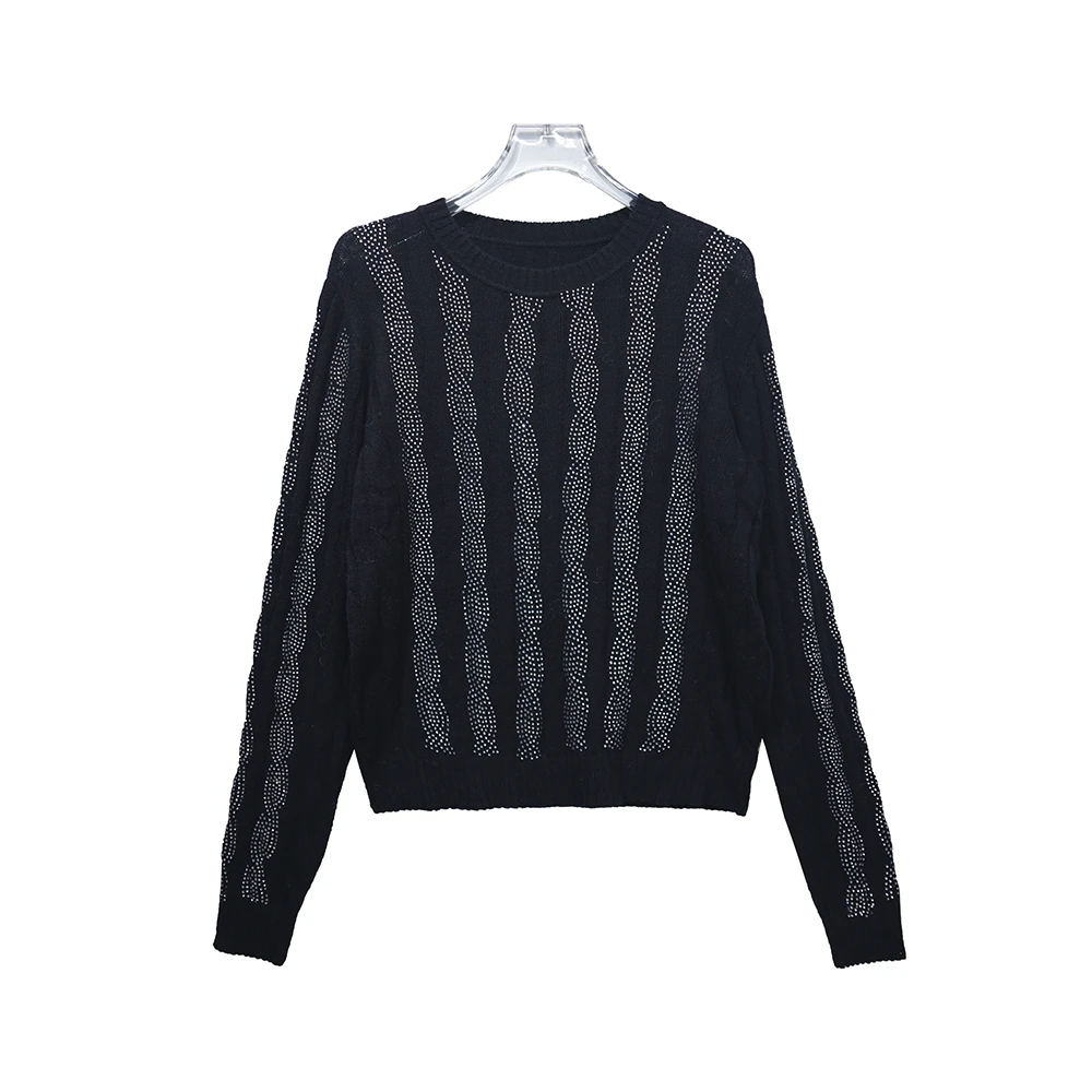 E7684【新款】毛衣圆领长袖烫钻短款修身气质