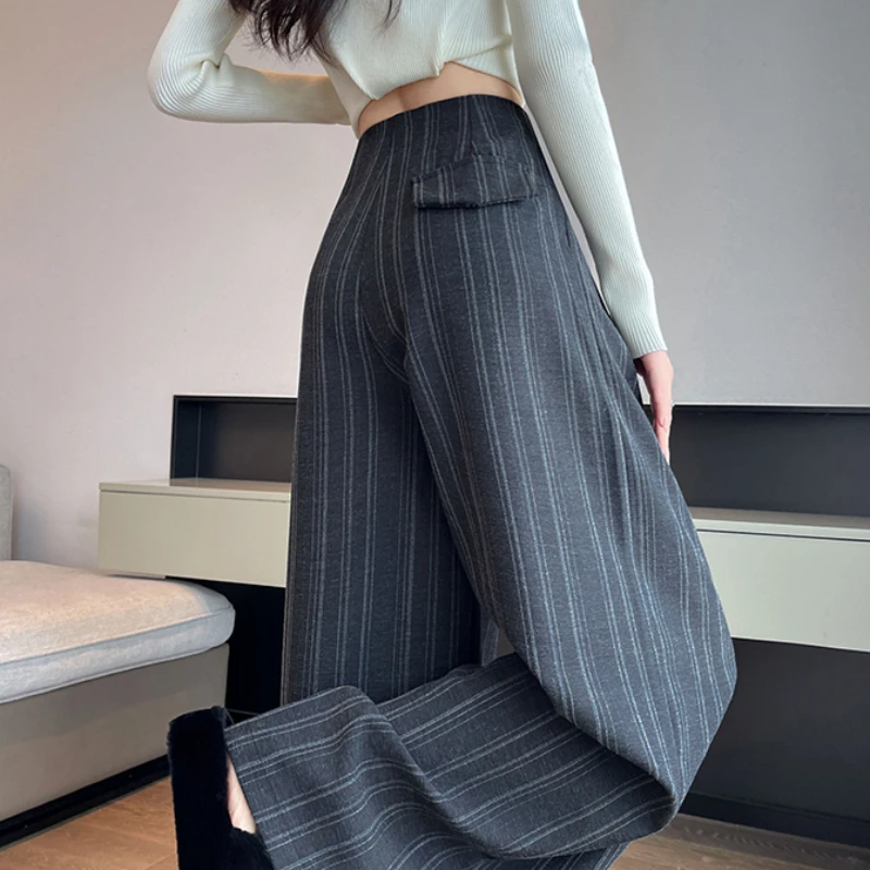 高腰条纹西装裤子女2025新款秋季慵懒风松弛感气质通勤宽松阔腿裤