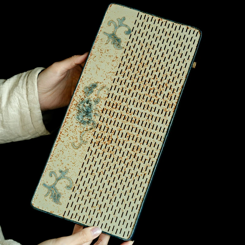 德白青花火石红长方茶盘纯手绘牡丹花整块陶瓷泡茶盘排储两用茶台