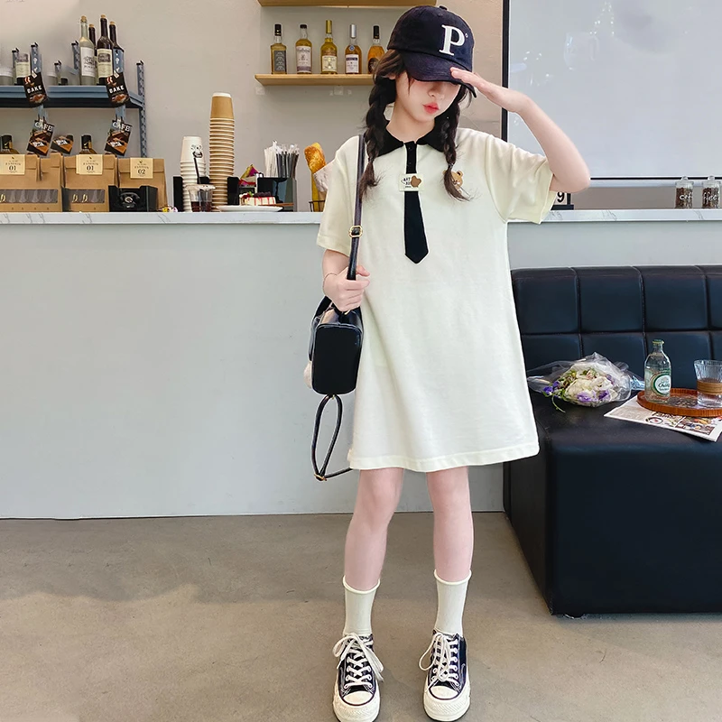 女童夏季小熊polo领连衣裙2025新款6-12岁15中长款减龄学院风裙子
