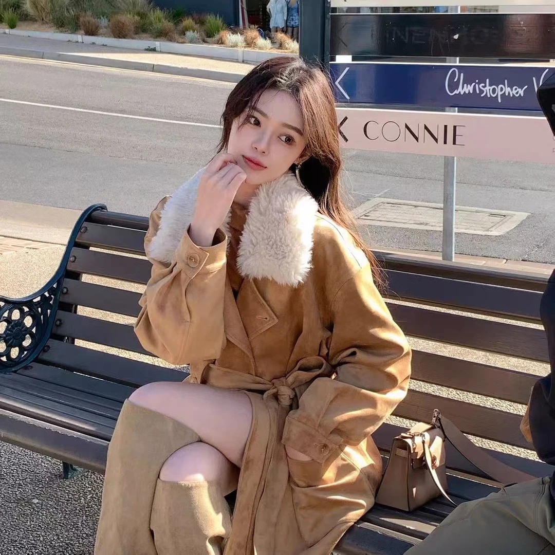 Y198832-冬季老钱风毛毛外套女卡其色加绒加厚大衣外套