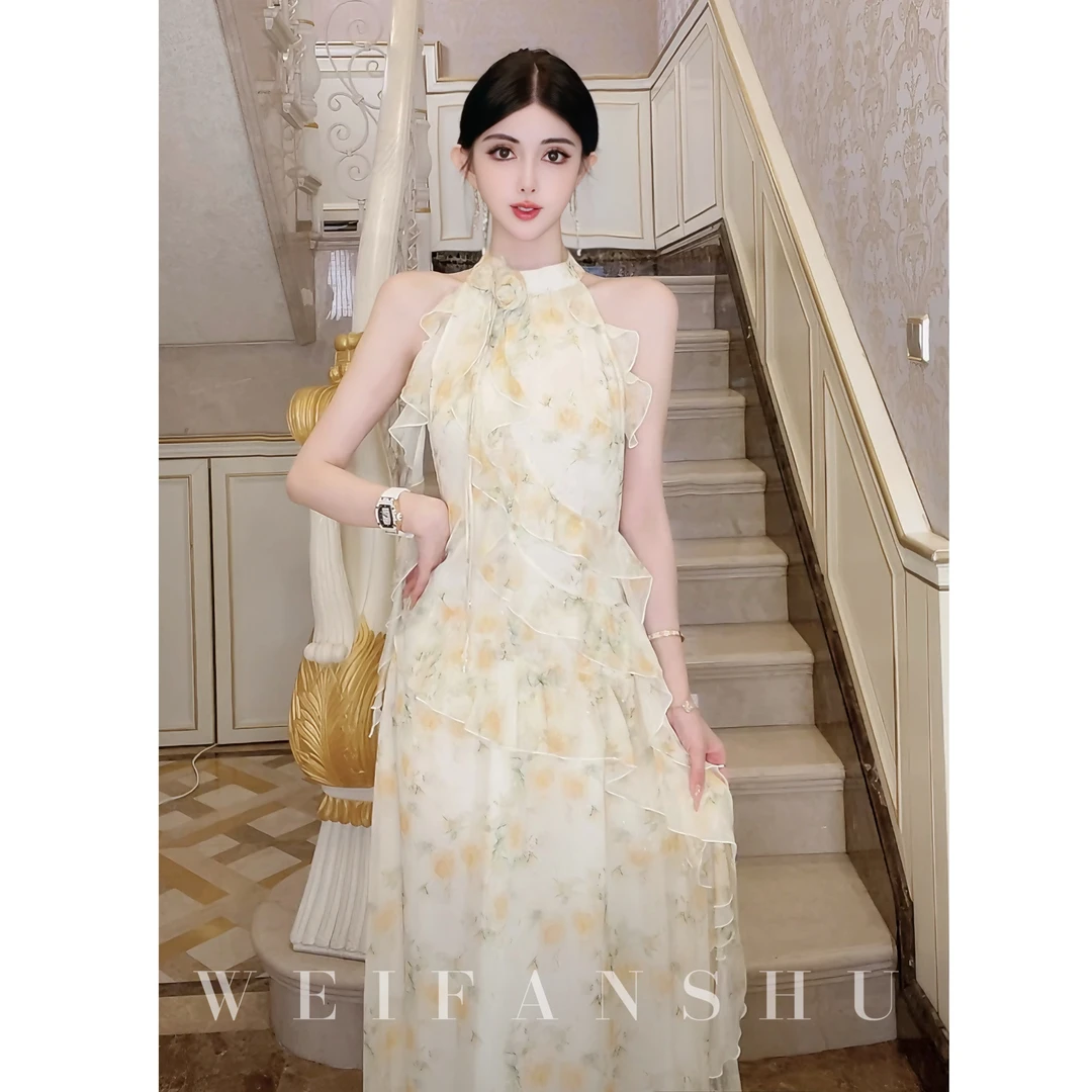 WEIFANSHU/魏凡舒【金盏繁花】春夏新款名媛风气质印花无袖连衣裙