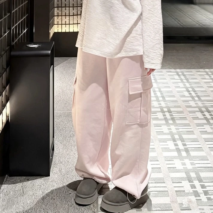 【轻奢】欧货嫩粉工装大口袋加绒加厚宽松休闲裤松紧腰洋气阔腿卫裤