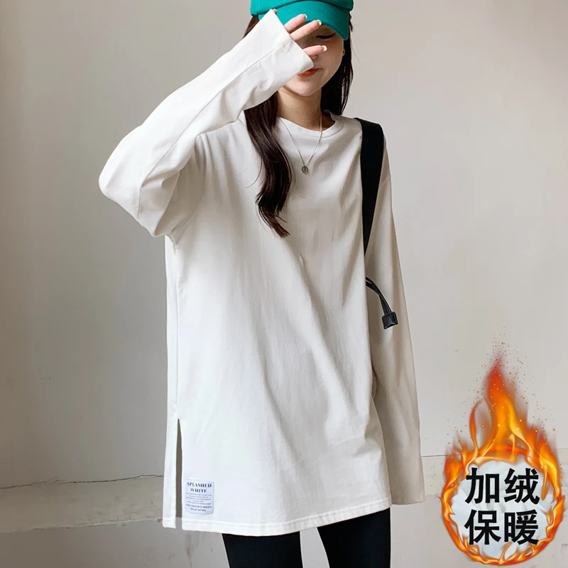 中长款遮屁股开叉宽松长袖T恤2025女春秋冬季德绒保暖打底衫上衣