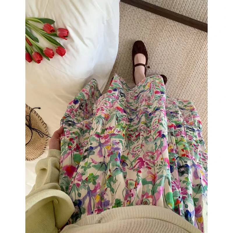 碎花半身裙女2025夏新款小众高腰伞裙法式长裙小个子a字裙蛋糕裙