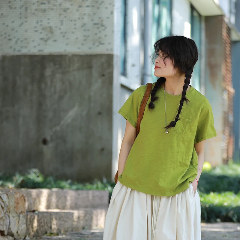 慢慢变蓝原创 荼 全棉软糯T恤 文艺减龄短袖 纯色显白显瘦 33990