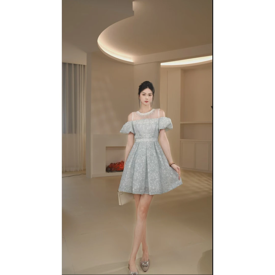 【宝总】时尚优雅收腰修身名媛宴会显瘦轻奢方领设计感连衣裙65346