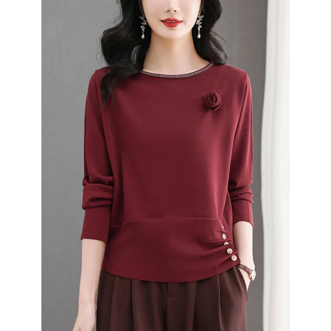 2025早秋显瘦高底针织女士衬衫新款秋冬季中年妈妈长袖上衣薄毛衣