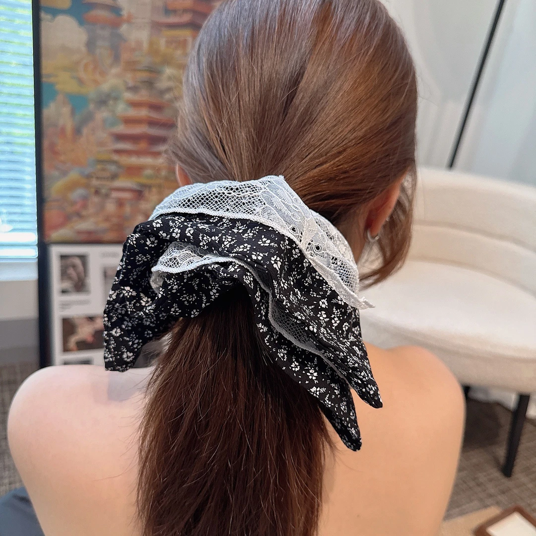 高级感碎花蕾丝裙摆方巾发圈女韩系时尚扎头发头绳丸子头发绳发饰