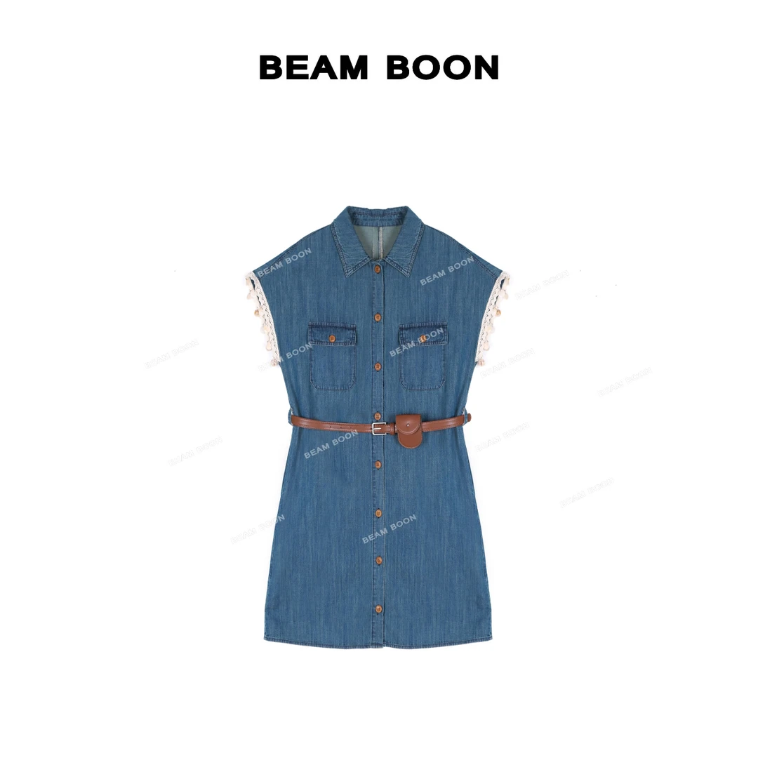 Beam Boon【叮当牛仔】Se*f法式复古蕾丝单排扣系腰直筒牛仔连衣裙