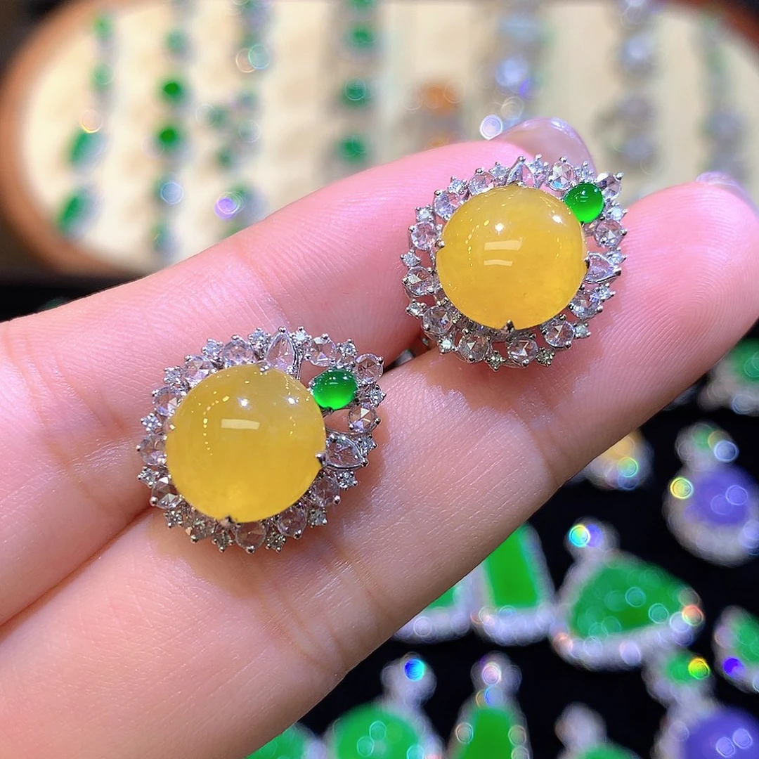 翡翠18K金镶嵌耳饰高冰黄翡