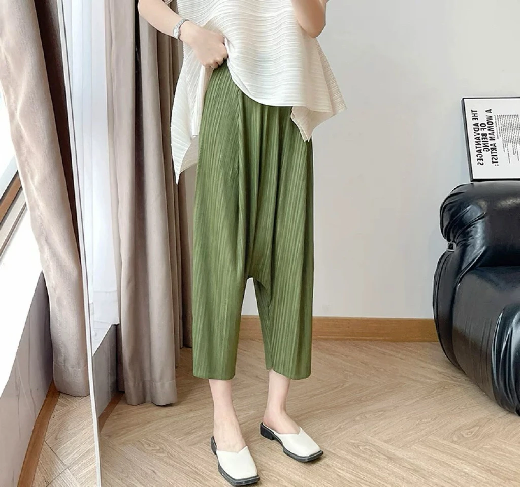 春夏新款褶皱百搭拉屎裤时尚休闲大码中腰裤子夏季薄款