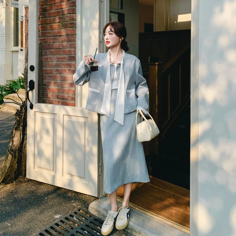 韩系ins通勤风系带外套半身裙2025春秋新款简约气质千金风套装裙