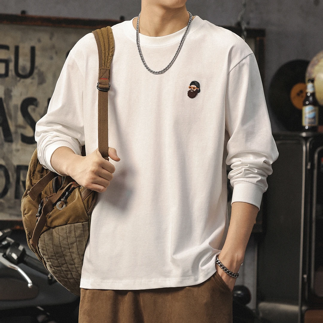LEIGHZ/雷茨秋季长袖t恤男款日系简约宽松圆领内搭打底白色上衣