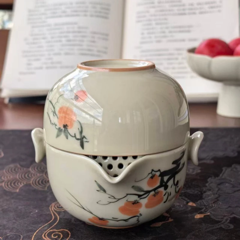 手绘柿柿如意手抓壶快客杯旅行茶具套装适合户外出行