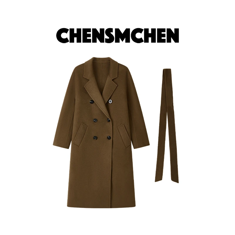 CHENSMCHEN 绵羊毛长款双面呢大衣女双排扣宽松系带外套CSD9182MX