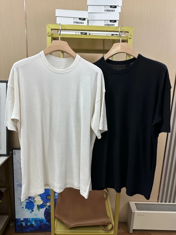 颗粒感桑蚕丝针织短袖t恤纯色圆领宽松型慵懒风短袖T恤女士白色