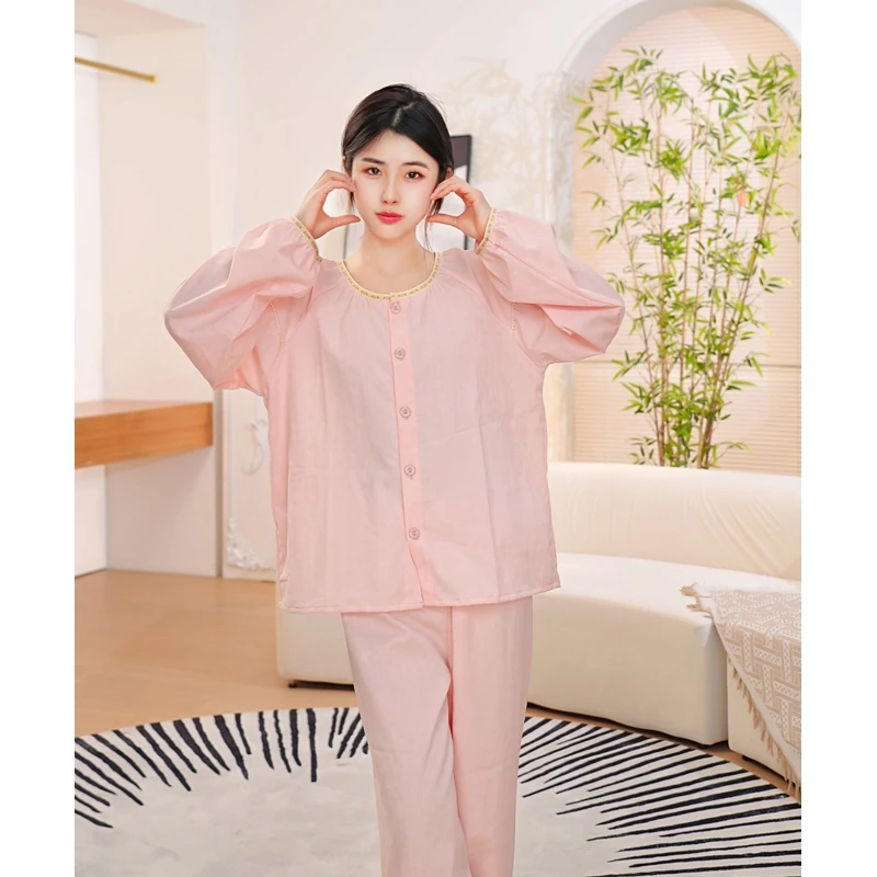 【有氧精梳棉】抑菌花边圆领长袖套头显瘦可外穿睡衣春夏纯棉家居服