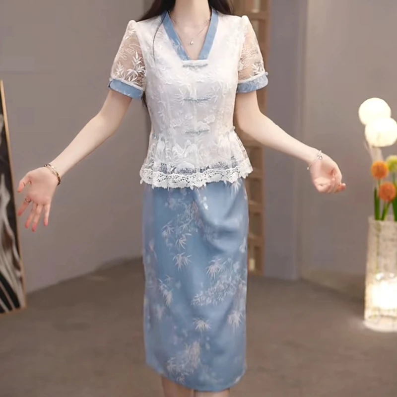 中国风气质名媛淑女时尚套装蕾丝重工连衣裙气质夏季