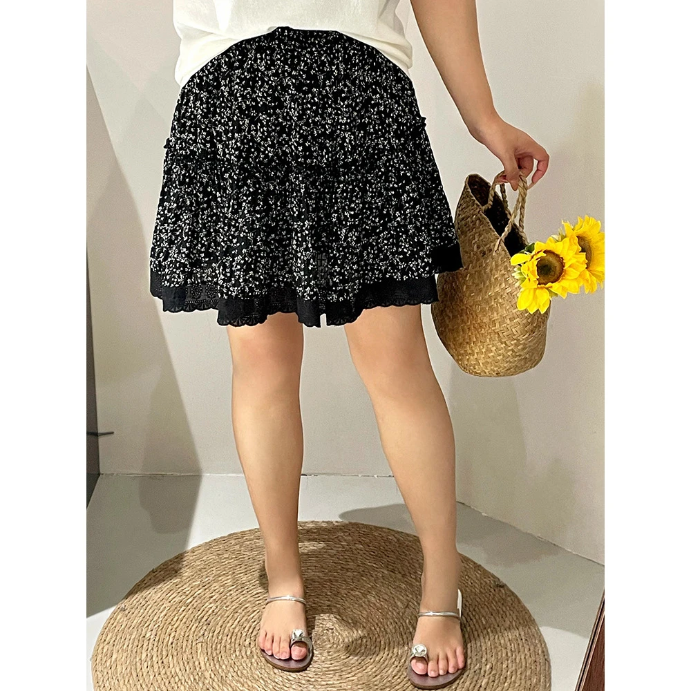 大码女装碎花裙女蛋糕半身裙2025夏款胖mm蕾丝拼接A字短裙NQ1229