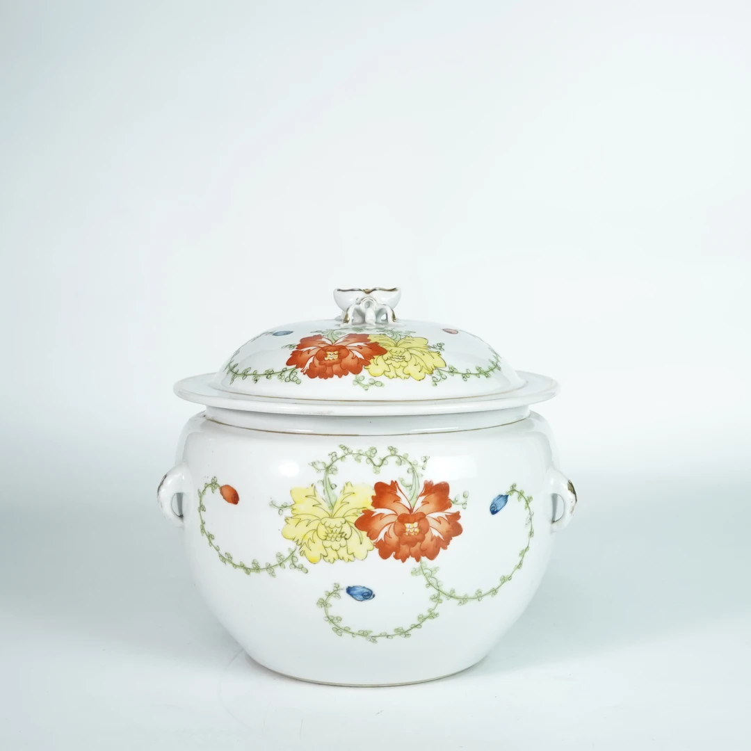 LABC251119019【十竹斋】民国双犄牡丹粉彩盖缸