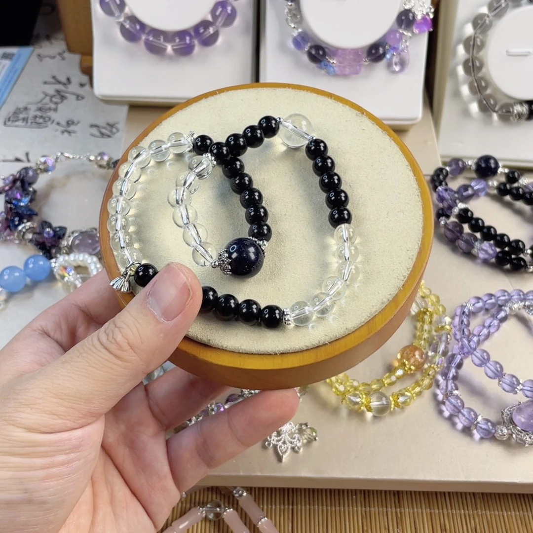 水晶手串银S800镀金镶嵌