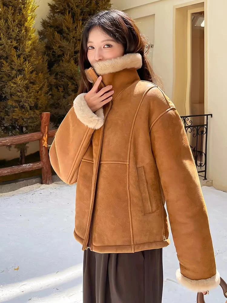 防风慵懒风女落肩袖厚款短外套宽松上衣秋冬