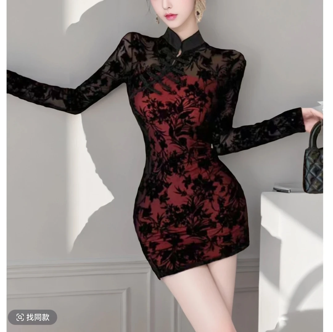 大码新国风改良旗袍性感修身包臀裙复古假两件新中式连衣裙4481