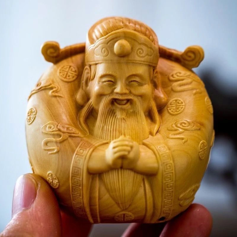 崖柏实木雕刻财神小摆件
