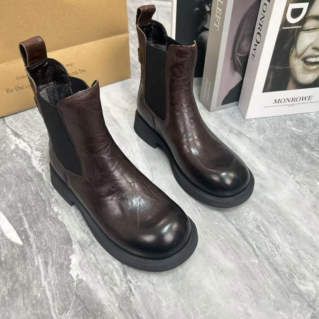 陈老板-牛皮3公分/复古高奢圆头短靴女鞋百搭时尚秋冬靴子9351