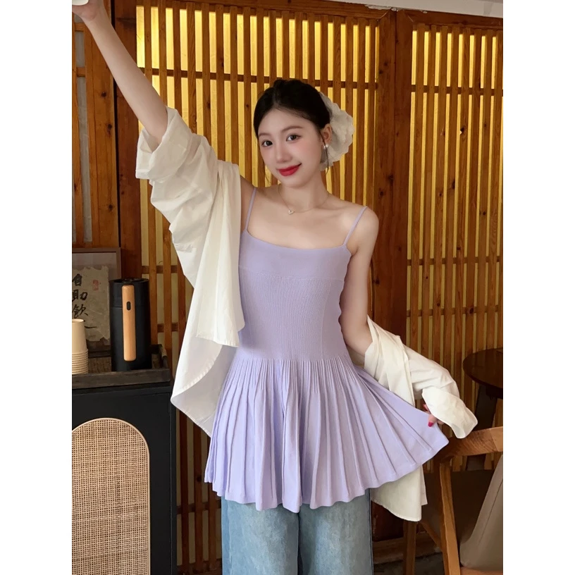 2025夏上新吊带针织女夏季设计感修身百褶气质收腰a字吊带上衣
