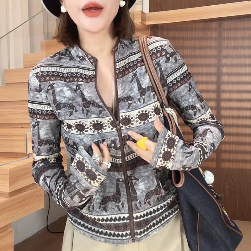 时尚气质拉链长袖t恤女夏2025年新韩系洋气显瘦修身短款罩衫上衣