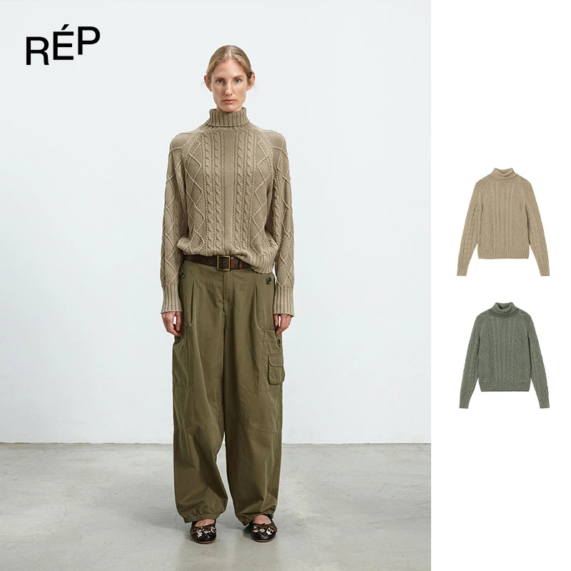 REP-COTEMP设计师品牌卡其/科布绿复古洗褪绞花毛衣 25FW成衣