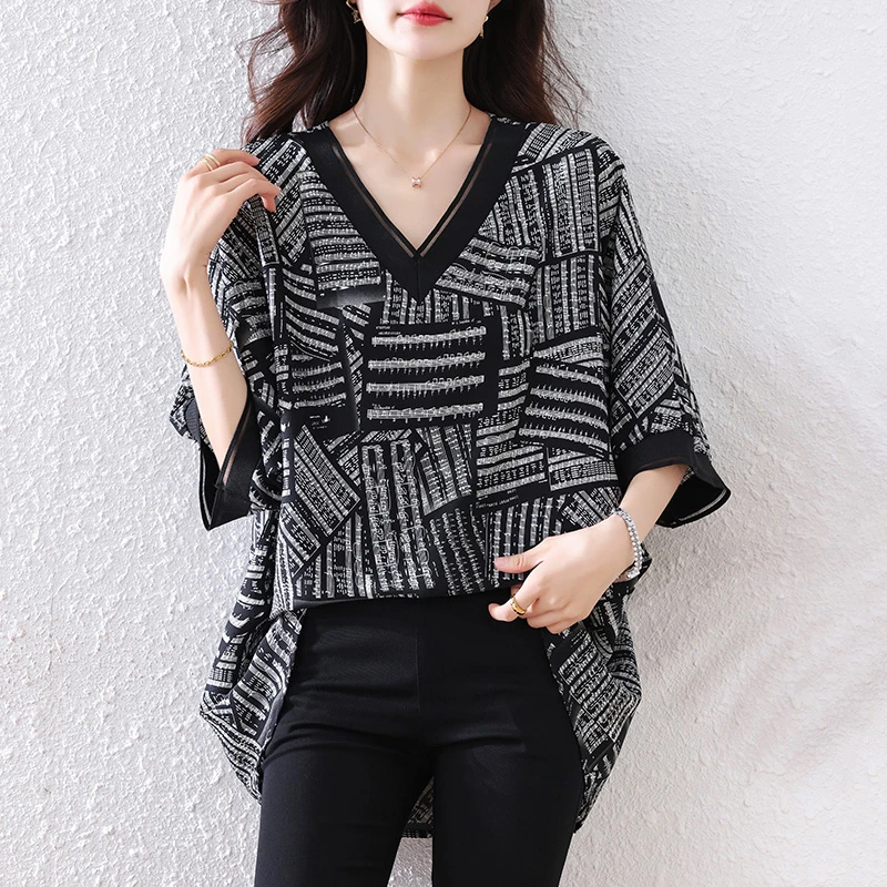 时尚简约雪纺衫女2025夏季新款大码宽松遮肚子女士七分袖夏装小衫