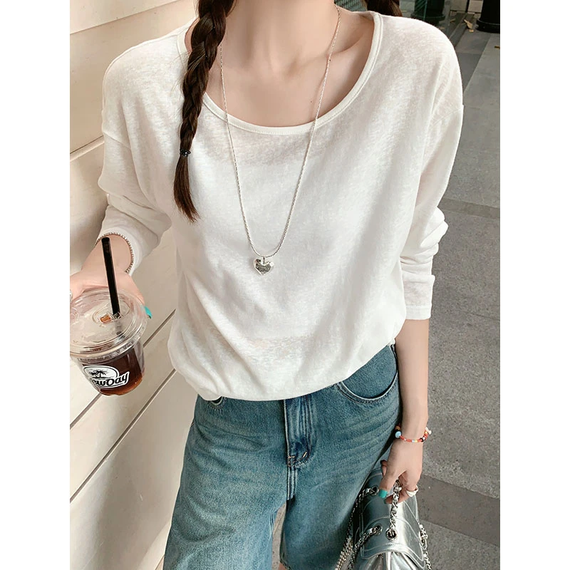 A美洋MEIYANG 谷雨长袖T恤【欧若风】麻感竹节棉_宽松圆领上衣S