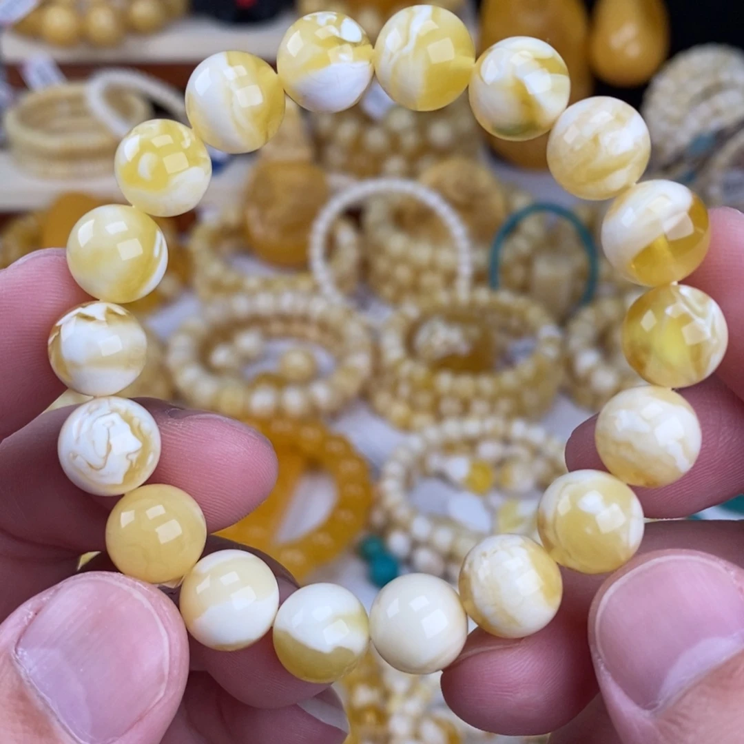 手链蜜蜡未镶嵌金漆瓷白溶洞妖花11.3mm圆珠