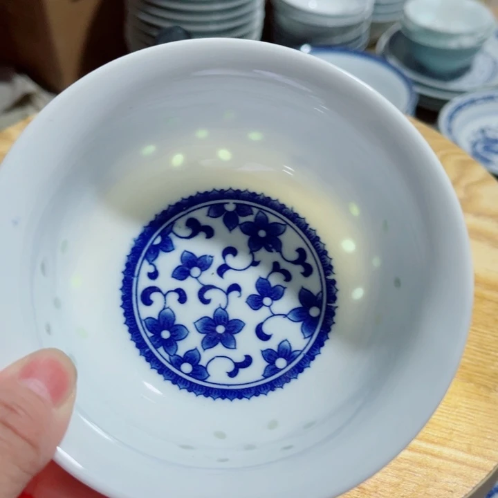 青花玲珑5寸饭碗紫荆花无花