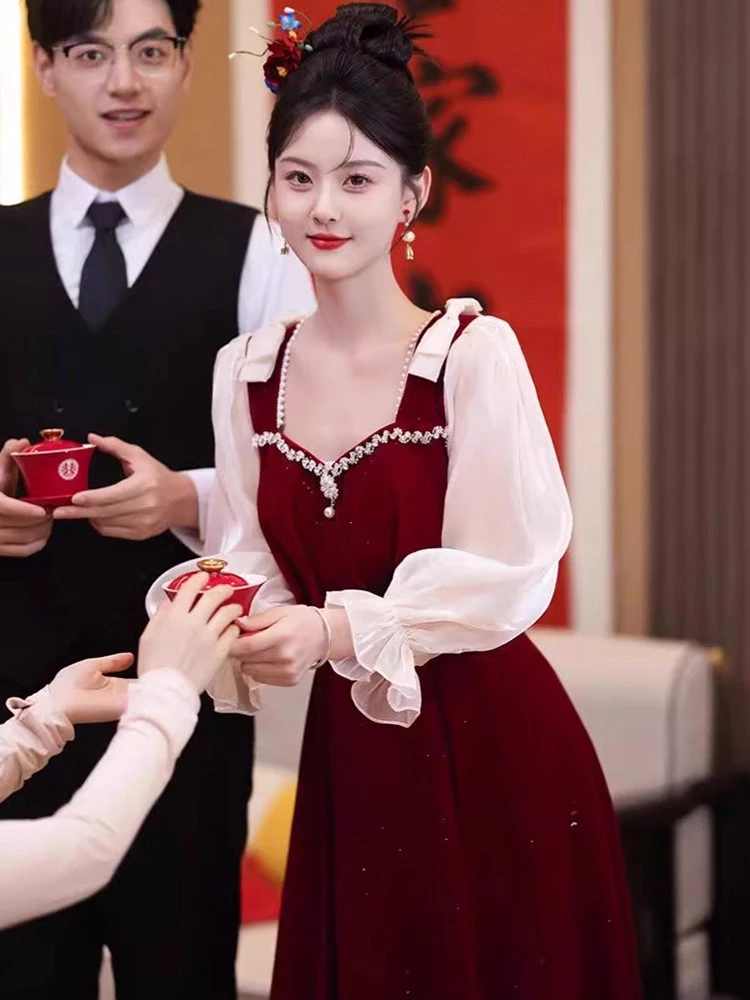 新款酒红色大码胖mm新娘订婚结婚回门宴礼服新娘修身敬酒服秋冬款
