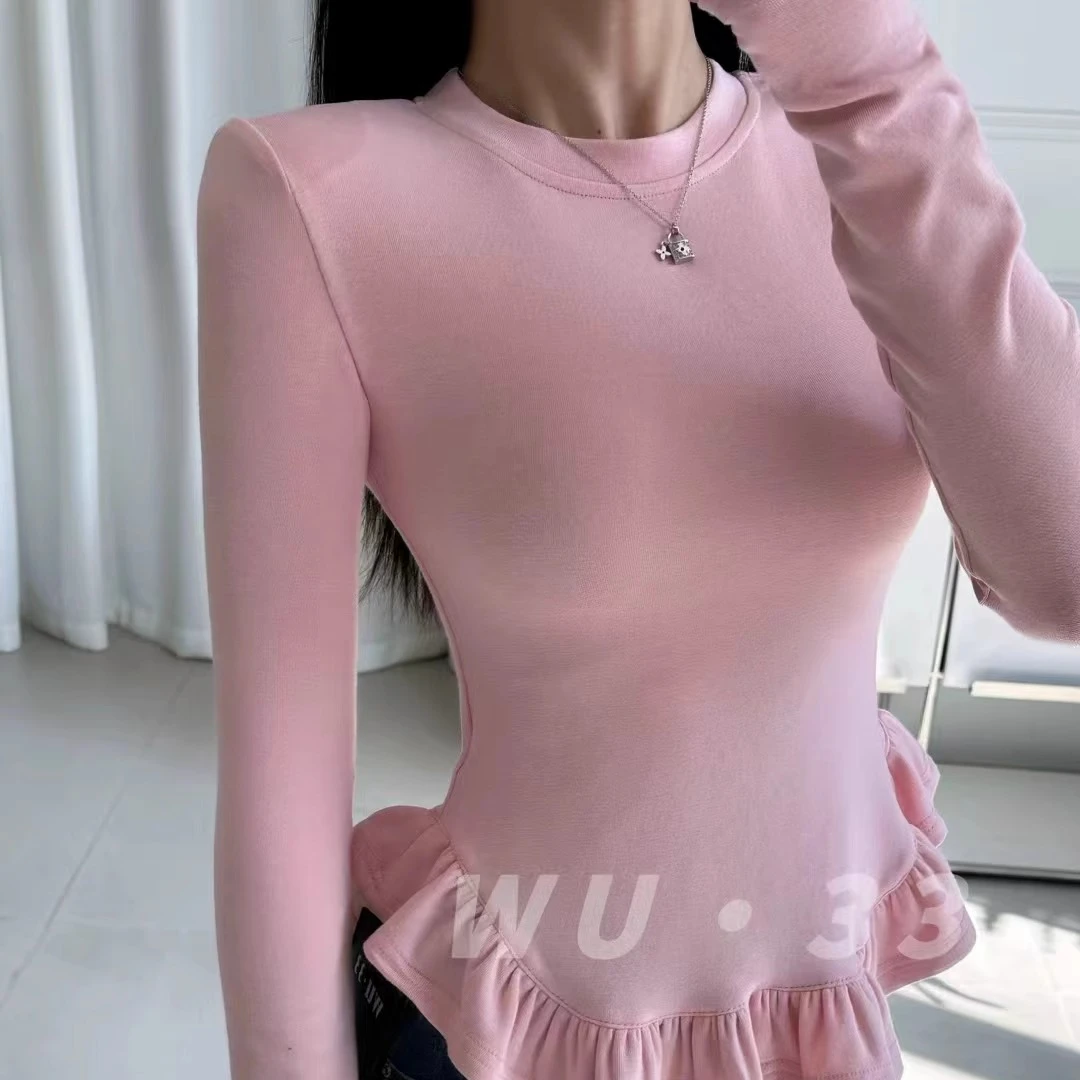 wu.33韩版2025春季新款气质显瘦收腰花边设计感圆领T恤打底衫上衣