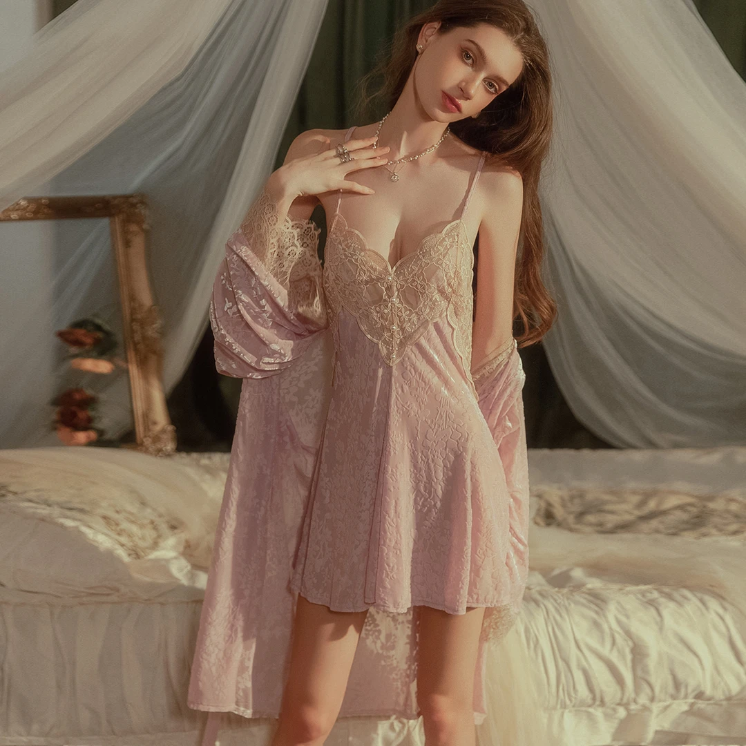 今夕何夕性感睡衣女法式复古风透视金丝绒纯欲小胸吊带睡裙带胸垫