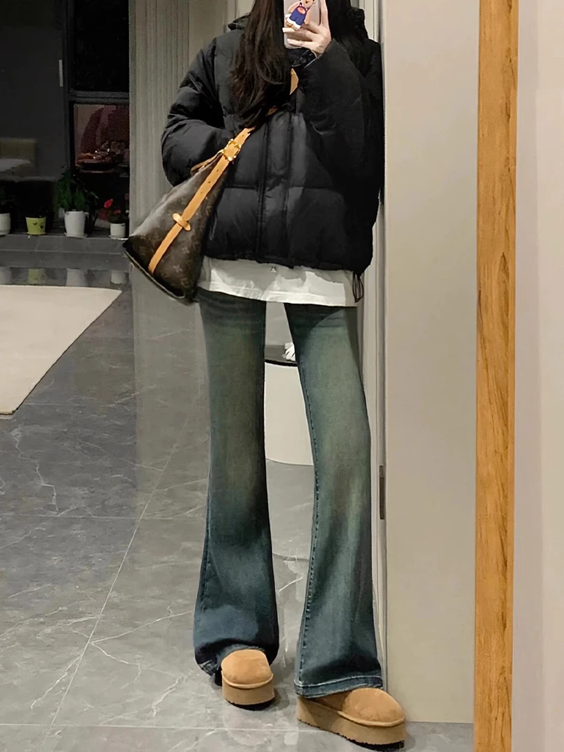 复古做旧微喇裤春夏季新款大码高腰宽松梨形身材显瘦喇叭牛仔裤子