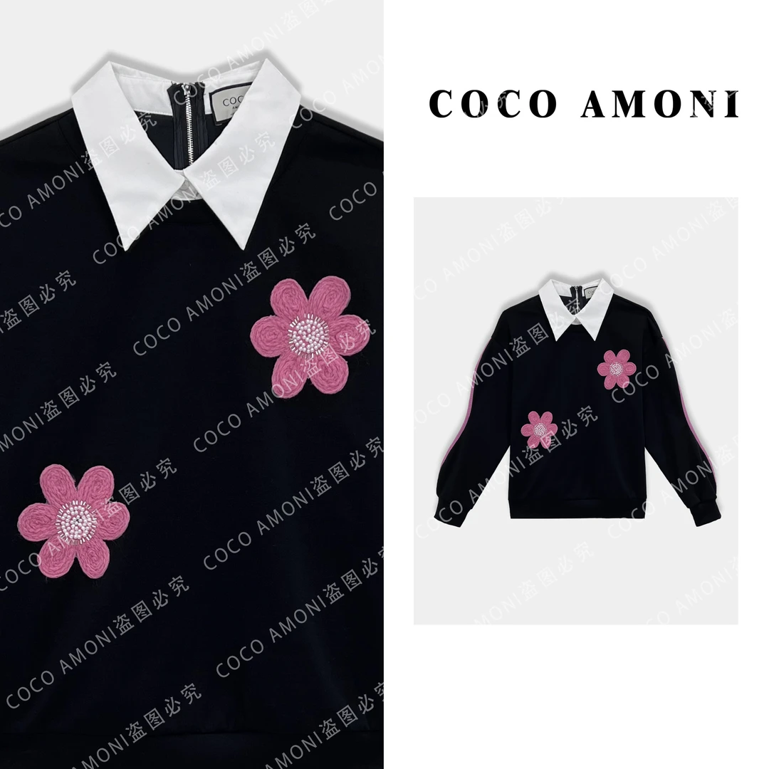 【曼姐专属】高级感女装拼接重工立体花朵显瘦百搭长袖卫衣ZQ949