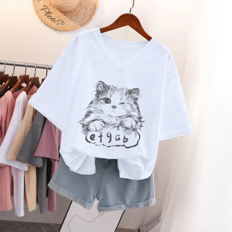 2025年新款夏装宽松胖mm纯棉V领短袖t恤女大码oversize显瘦上衣服